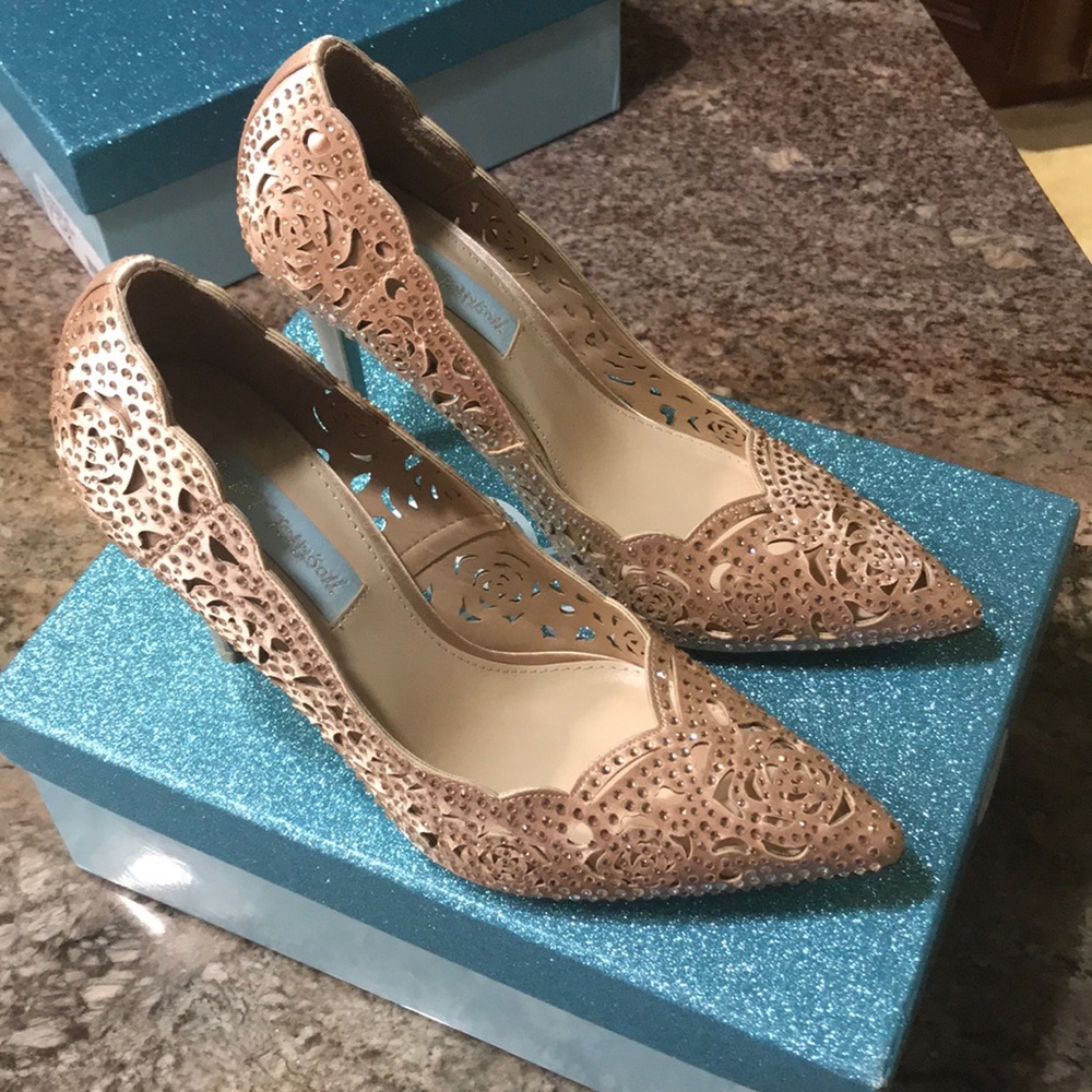 Blue by Betsey Johnson Elsa Heels in Blush Satin